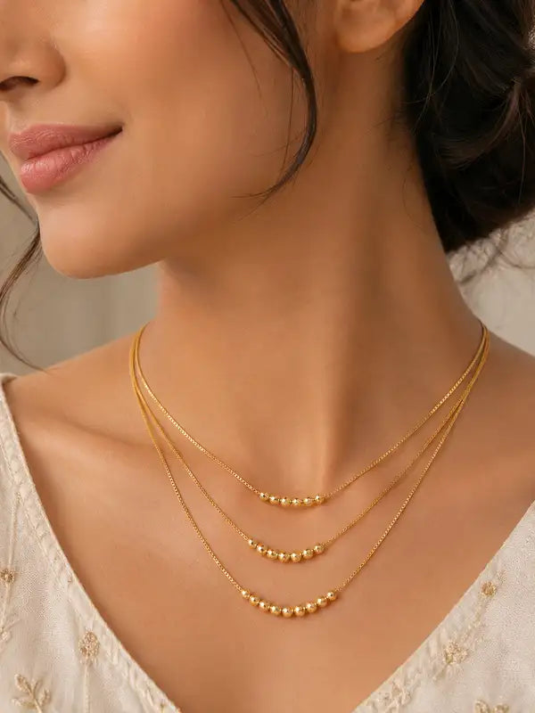 Designer Micro Gold Plated 3 Layer Ball Chain Necklace for Women | Elegant Daily Wear & Party Wear Gold Bead Chain
