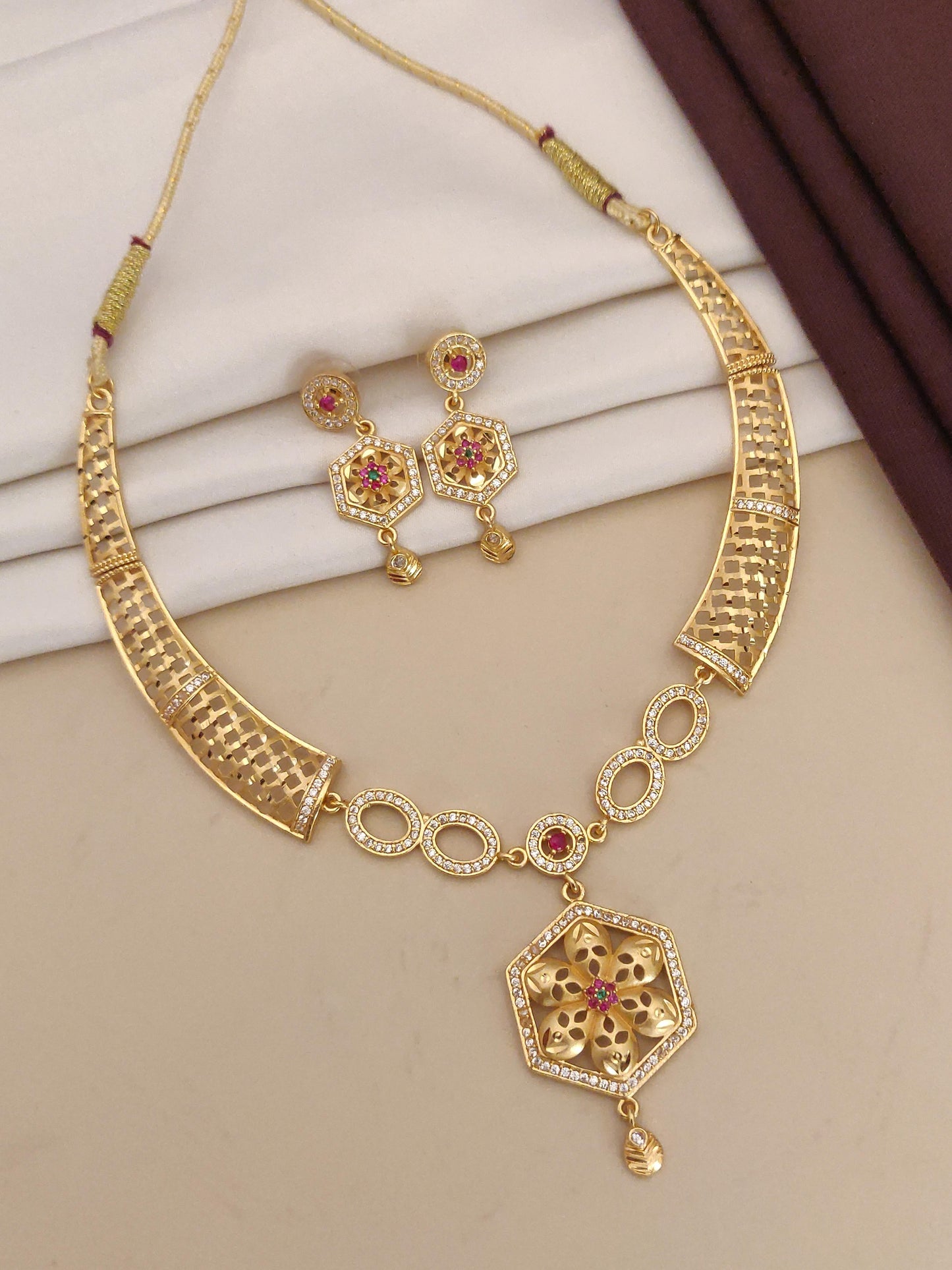 Designer High Gold Plated Ad Diamond Studed Fancy Flower Necklace With Earring
