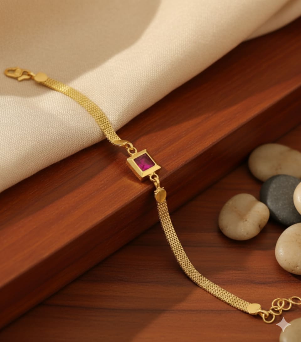 Designer High Gold Plated Ruby Stone Mesh Chain Bracelet