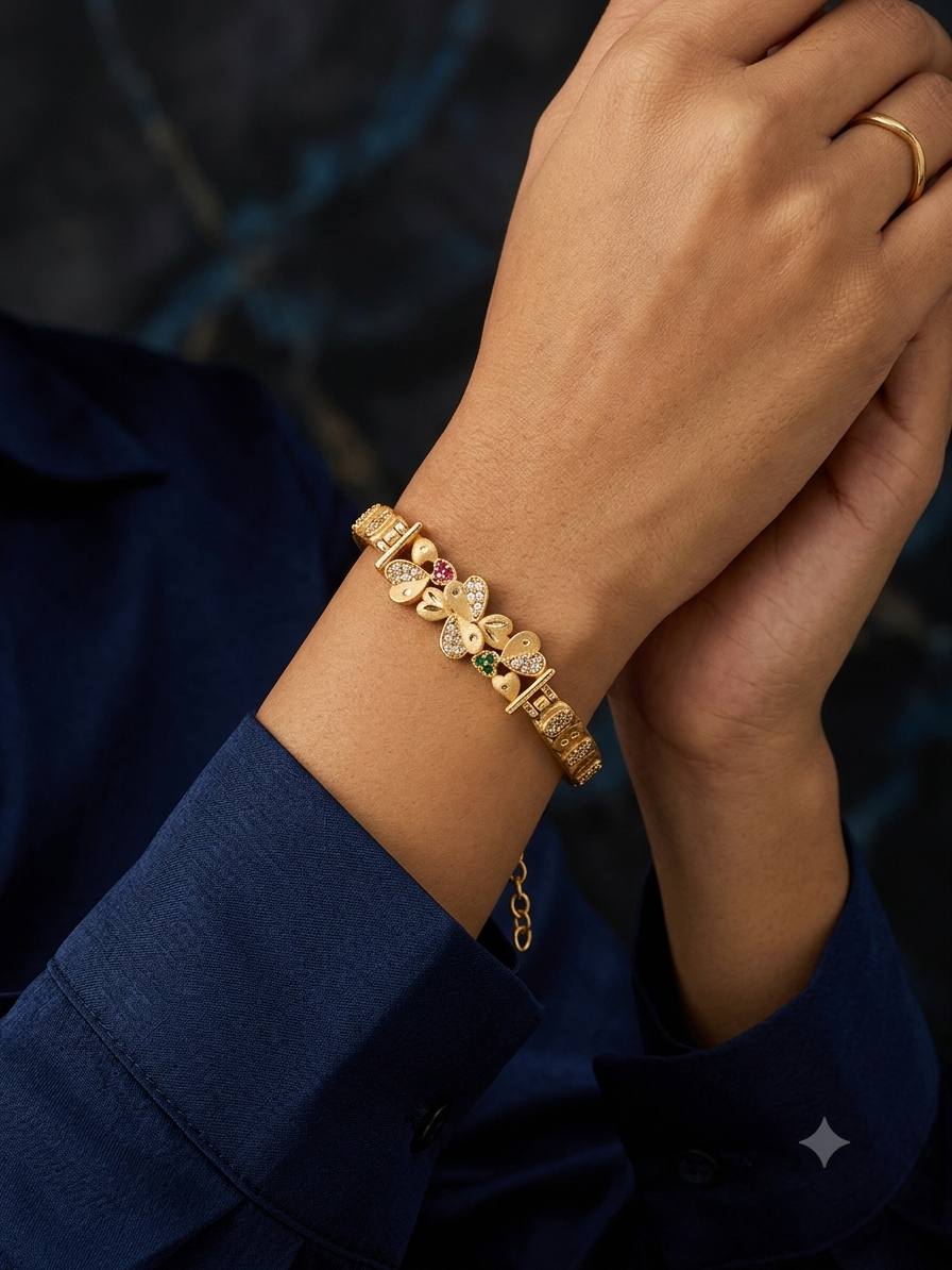 Micro Gold Plated Ad Diamond Studded Fancy Flower Bracelet.