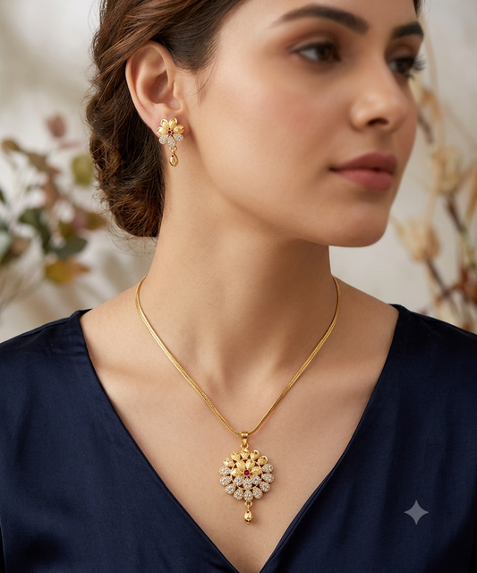 Micro Gold Plated Ad Diamond Studded Fancy Flower Pendant Set With Chain