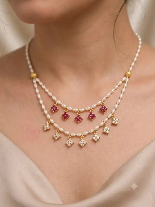 Micro Gold-Plated Double-Layer Pearl Chain with Ruby & AD Diamond Square Charms for Women