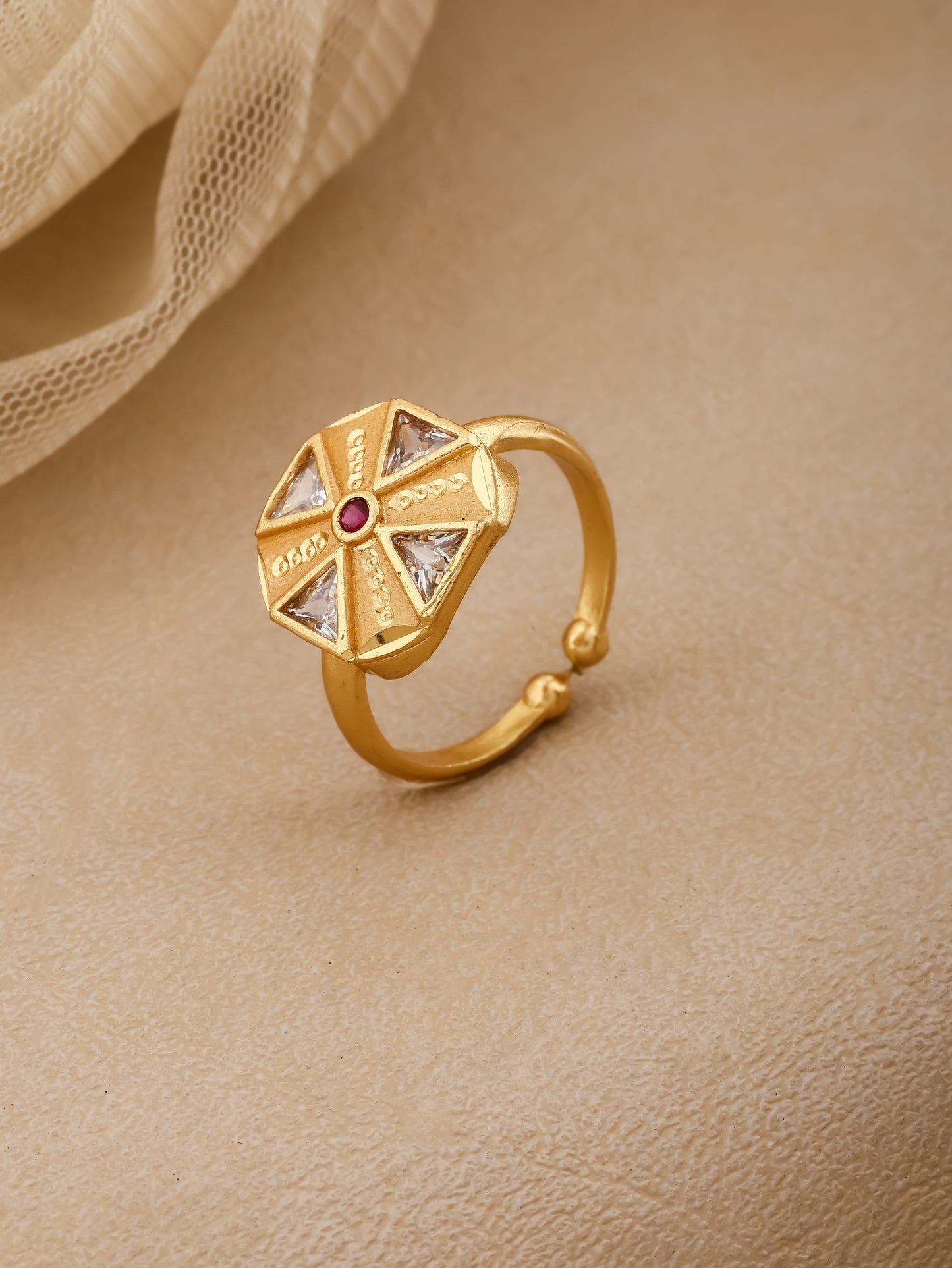 Micro Gold Plated Ad Diamond Studded Adjustable Flower Ring