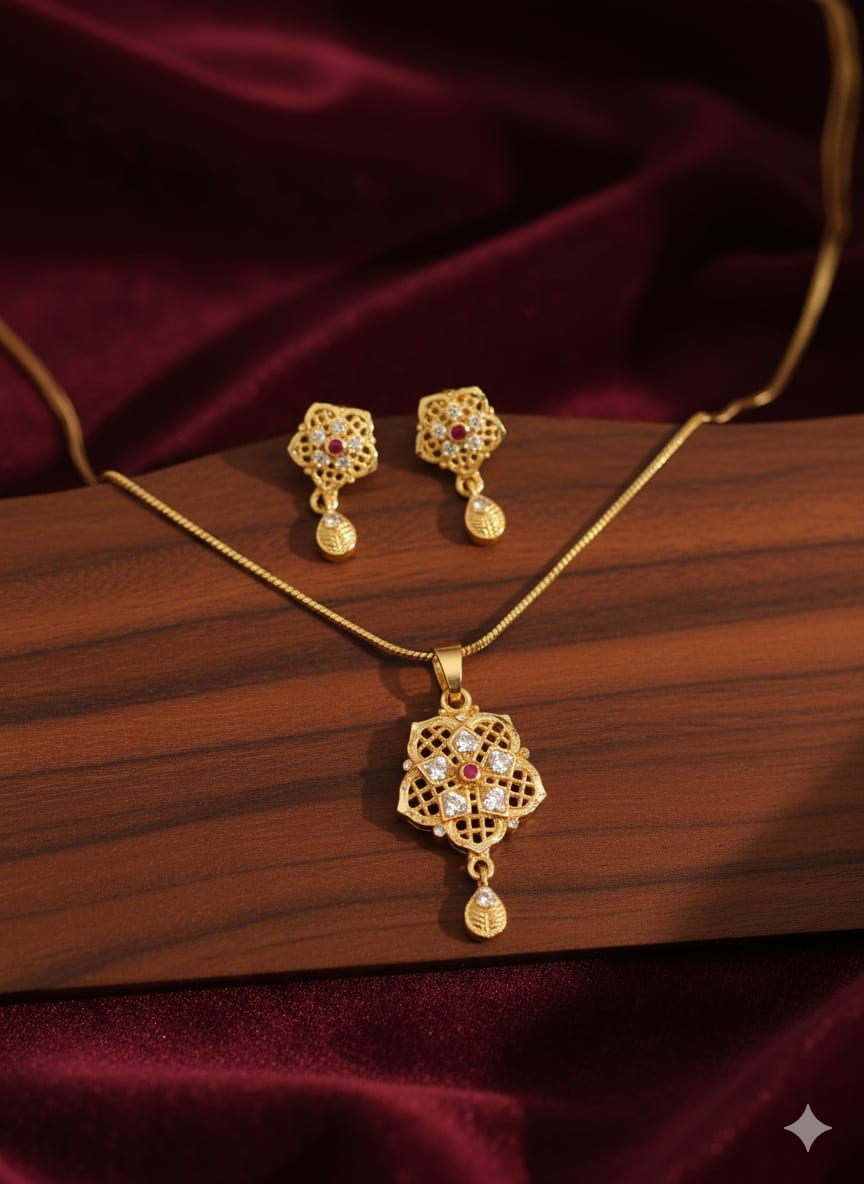 High Gold Plated Ad Diamond Studded Fancy Forming Pendant Set With Earrings