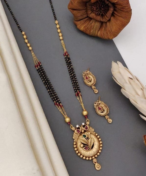 Designer High Gold Plated Ad Diaond Studded Fancy Mangalsutra With Earring