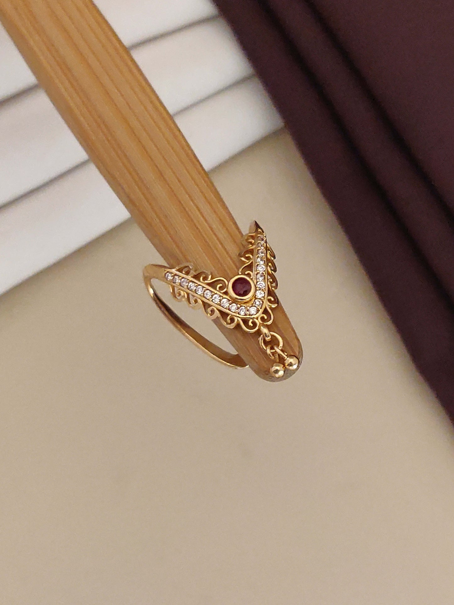 Gold Plated Ad Diamond Studed Adjustable Ruby Ring