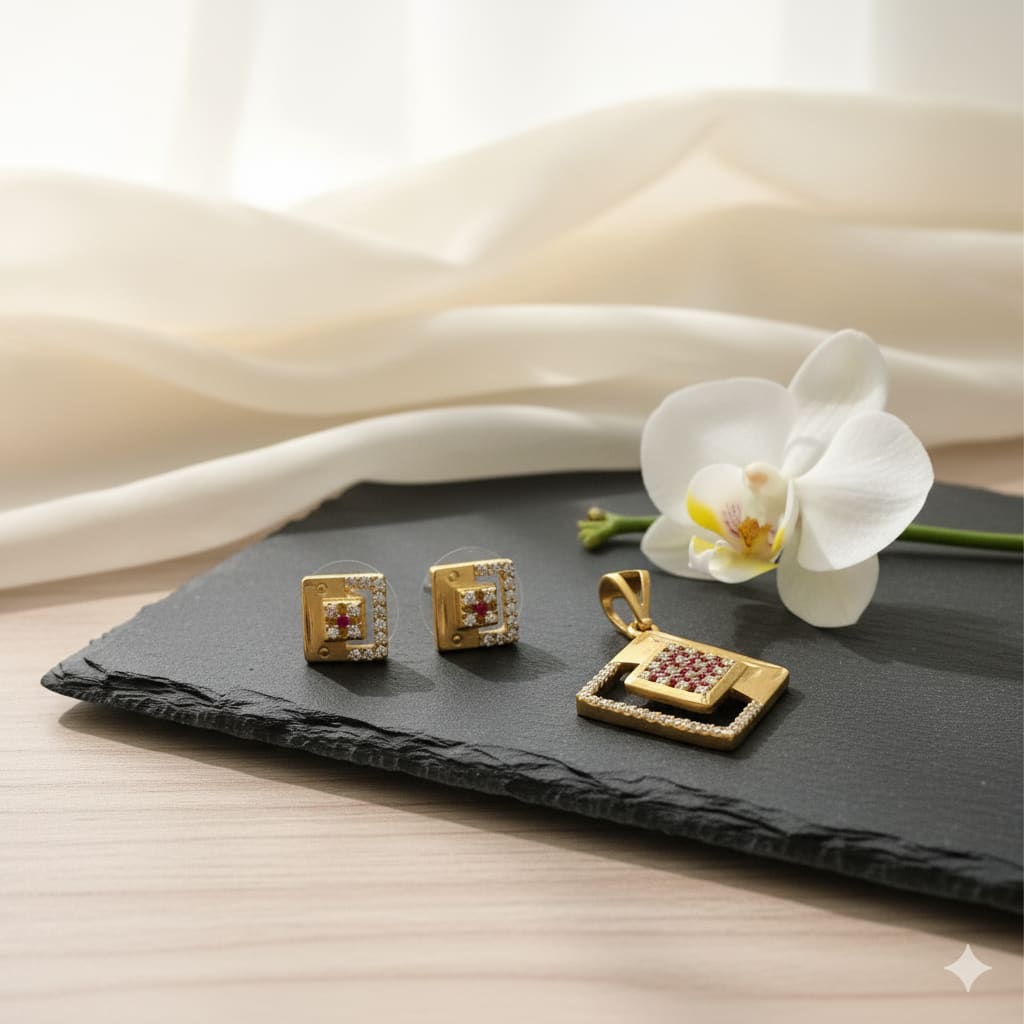 Micro Gold Plated Ad Diamond Studded Fancy Square Pendant With Earrings
