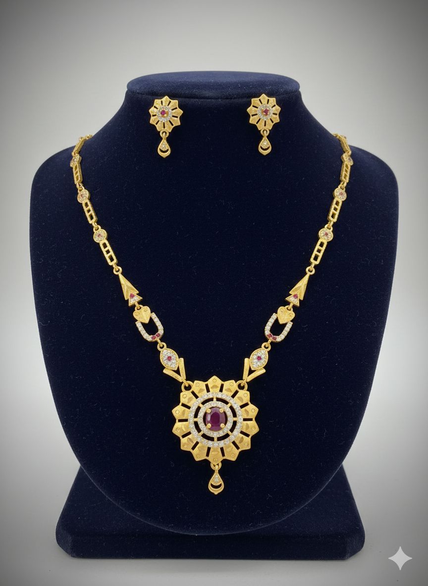 Micro Gold Plated And Diamond Studded Fancy Forming Flower Necklace with Earing
