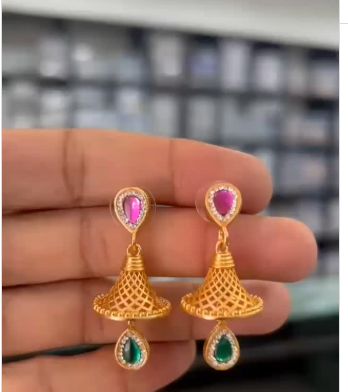 Micro Gold Plated And Diamond Pink Green Stone Daily Wear Fancy Jhumka Earring