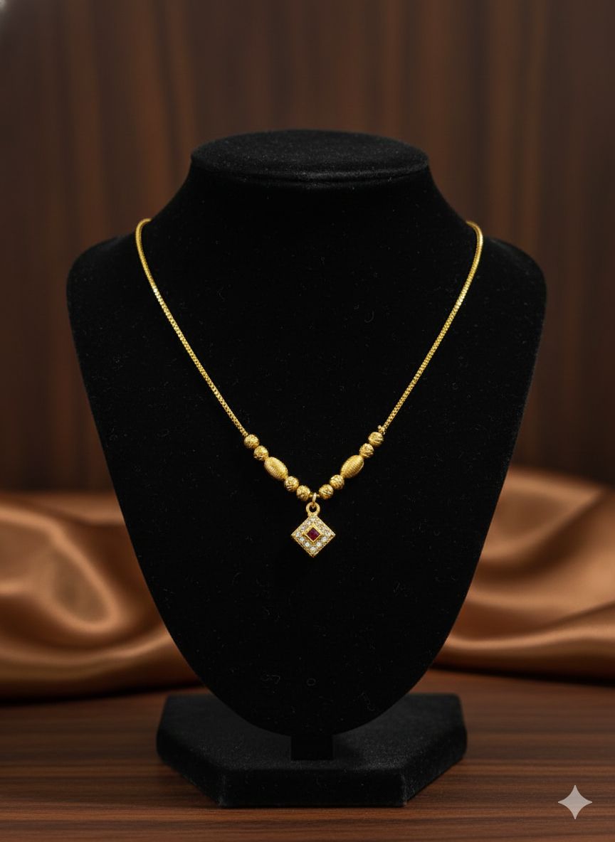 Micro Gold Plated Beaded Chain with Square And Stone Pendant For Women