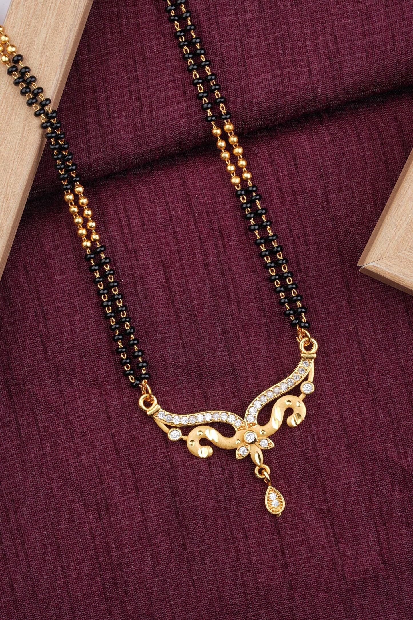 Micro Gold Plated And Diamond Curved Designer 24 Inches Mangalsutra with Drop Pendant