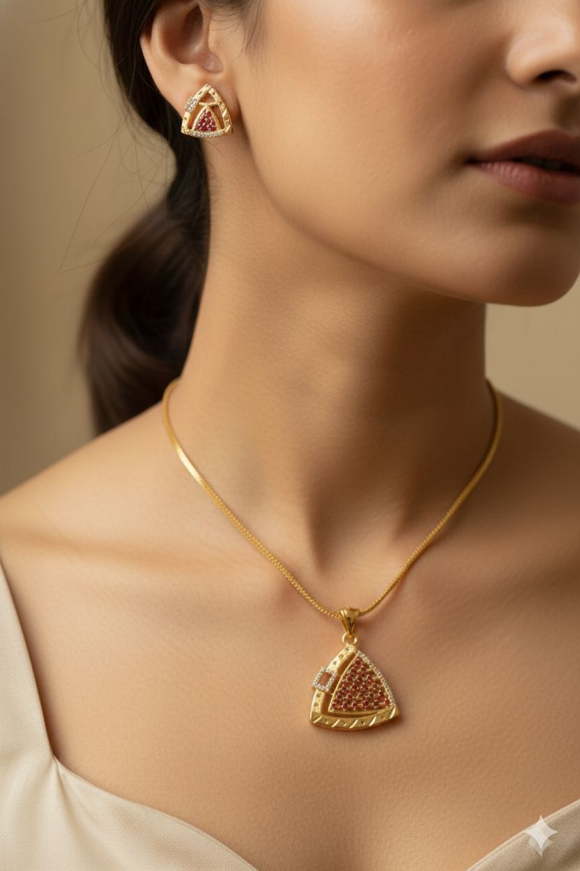 Micro Gold Plated Royal Ruby Triangle -Shaped Pendant Set with Earrings
