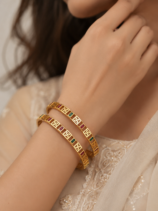 Micro Gold Plated Premium Geometric Stone Bangles (Kadli) 2 pc