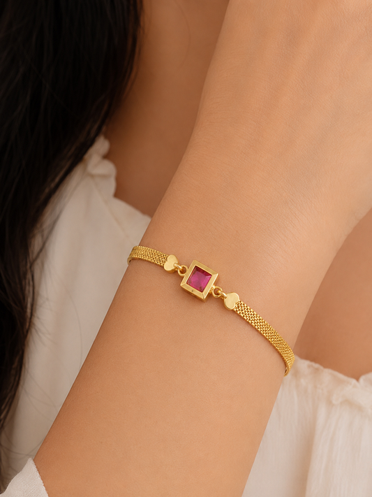 Designer High Gold Plated Ruby Stone Mesh Chain Bracelet