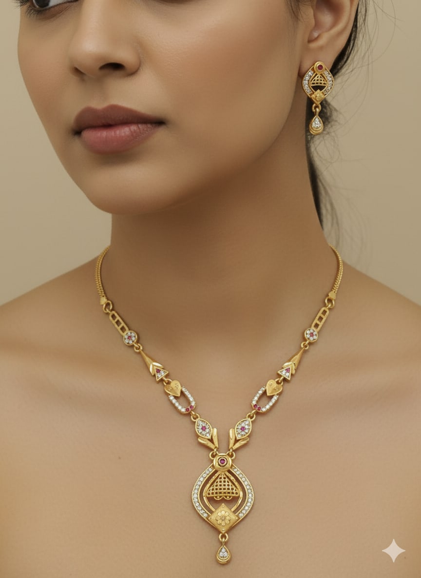Gold Plated Ad Diamond Studded Fancy Forming Necklace With Earrings For Women