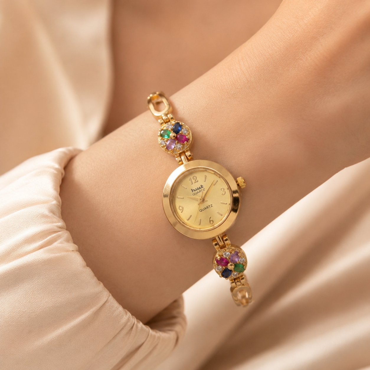 Designer Floral Stone Gold Plated Fancy Watch for Girls & Women