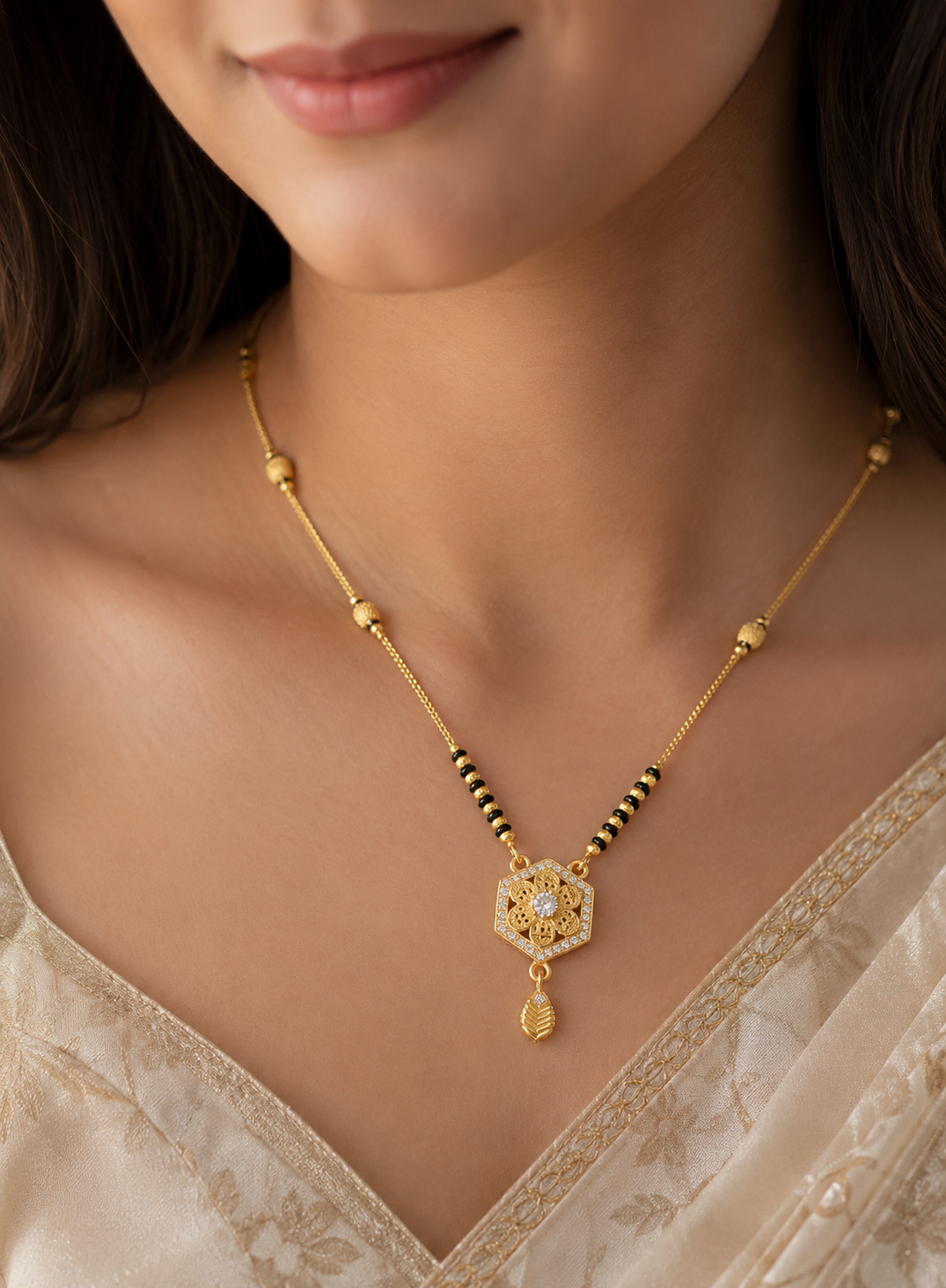 Daily Wear Hexa-Diamond Studded Golden Mangalsutra