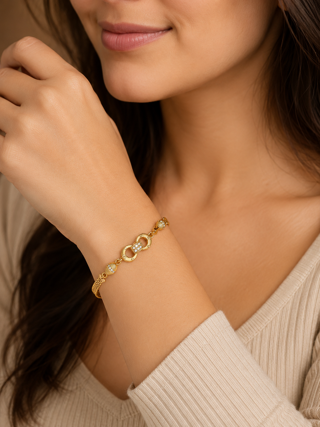 Designer Gold Plated Ad Diamond Studed Forming Bracelet