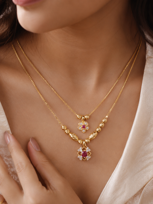 Micro Gold Plated AD Diamond Studded Ruby Floral Dual-Layer Pendant Necklace