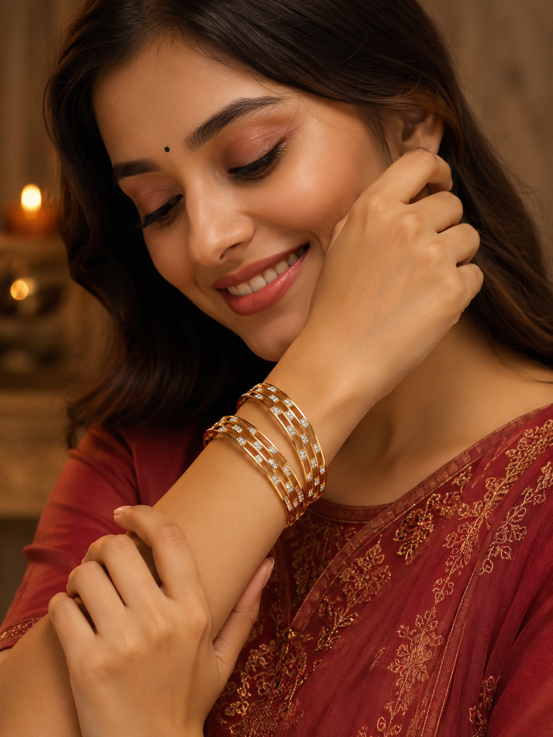 Cz Diamond Studded 3 Line High Gold Plated Bangle Set (2 Pcs)