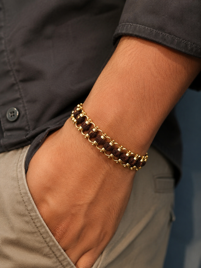 Brass Rudraksha Bracelet For Men 5 Mukhi Rudraksha Beads Embedded In Gold Plated