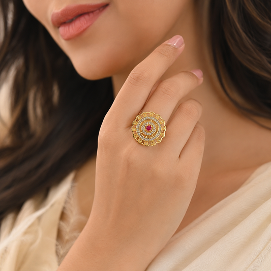 High Gold Plated Ethic Wear Ad Diamond Studded Designer Adjustable Ring With 3 Month Guarantee