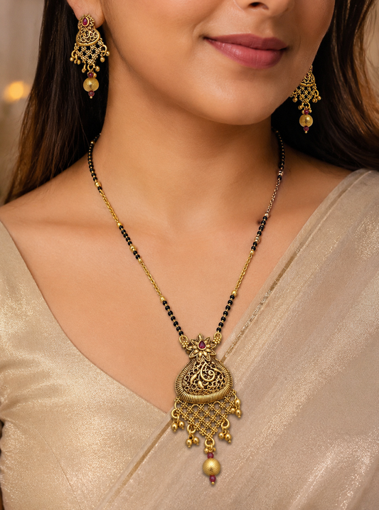 high god plated ruby stone studded fancy mangalsutra with earring