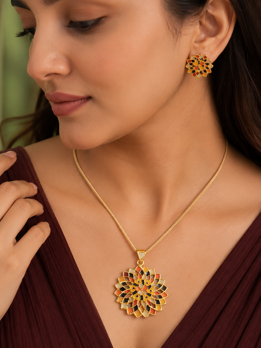 Multicoloured Designer High Gold Plated Pendent Chain With Beautiful Earrings
