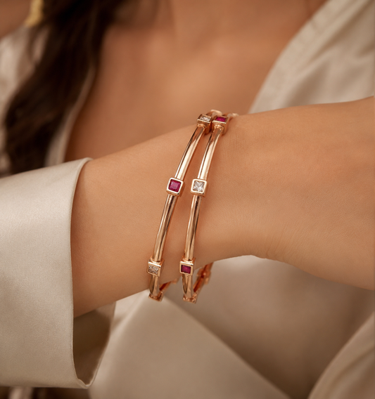 Rose Gold Plated Ruby & Ad Diamond Square Studded Bangles – Set Of 2