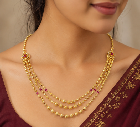Royal Ruby Triple Layer Gold Bead Necklace