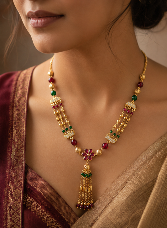 Golden Ruby And And Diamond Floral Pendant Chain For Women