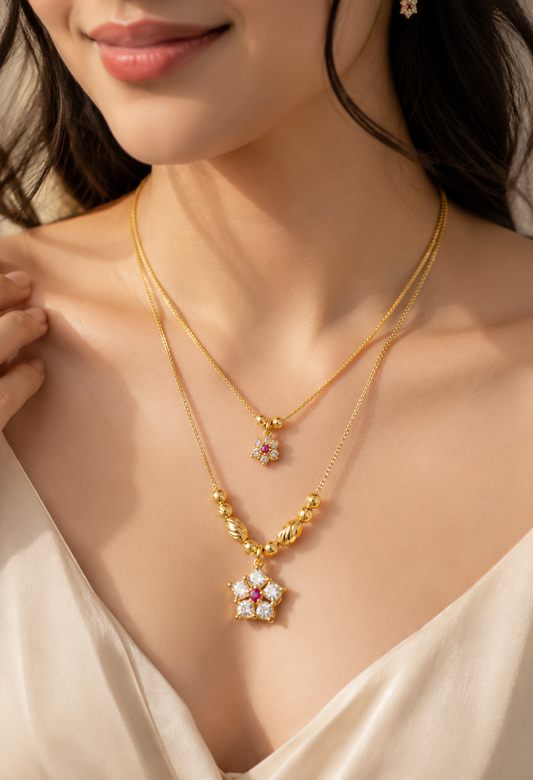 Micro Gold Plated Daily Wear 2 Layer Fancy 18 Inches Flower Chain