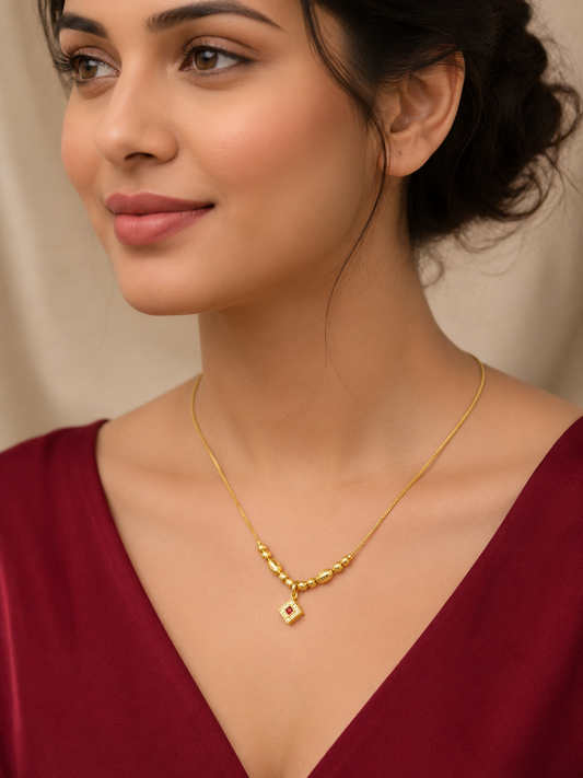 Micro Gold Plated Beaded Chain with Square And Stone Pendant For Women