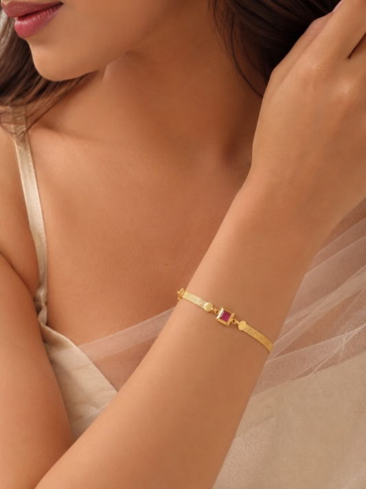 Designer High Gold Plated Ruby Stone Mesh Chain Bracelet