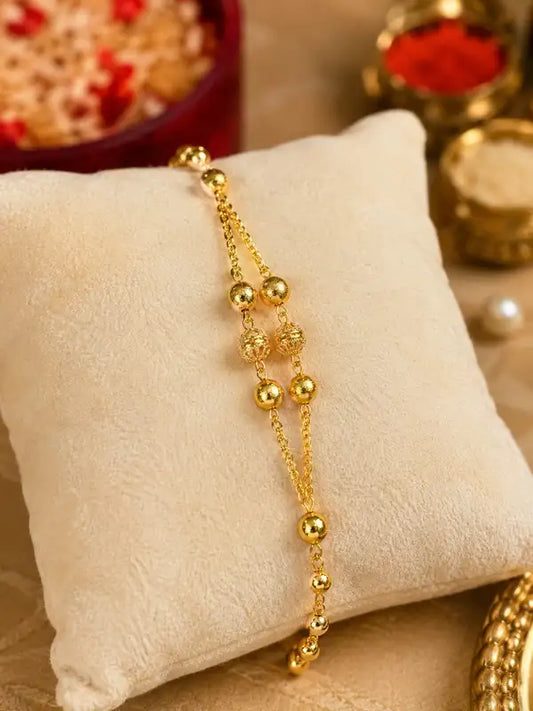 Designer Gold Plated Double Layer Fancy Beaded Rakhi Bracelet for Men & Boys