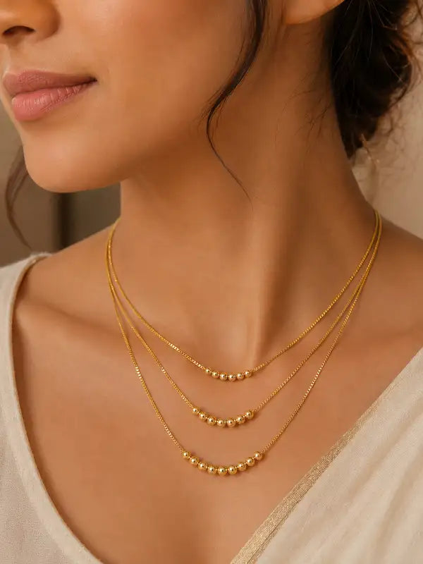 Designer Micro Gold Plated 3 Layer Ball Chain Necklace for Women | Elegant Daily Wear & Party Wear Gold Bead Chain