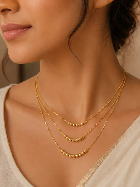 Designer Micro Gold Plated 3 Layer Ball Chain Necklace for Women | Elegant Daily Wear & Party Wear Gold Bead Chain