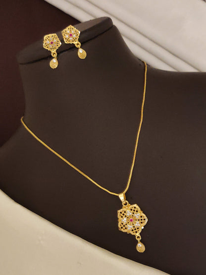 High Gold Plated Ad Diamond Studded Fancy Forming Pendant Set With Earrings