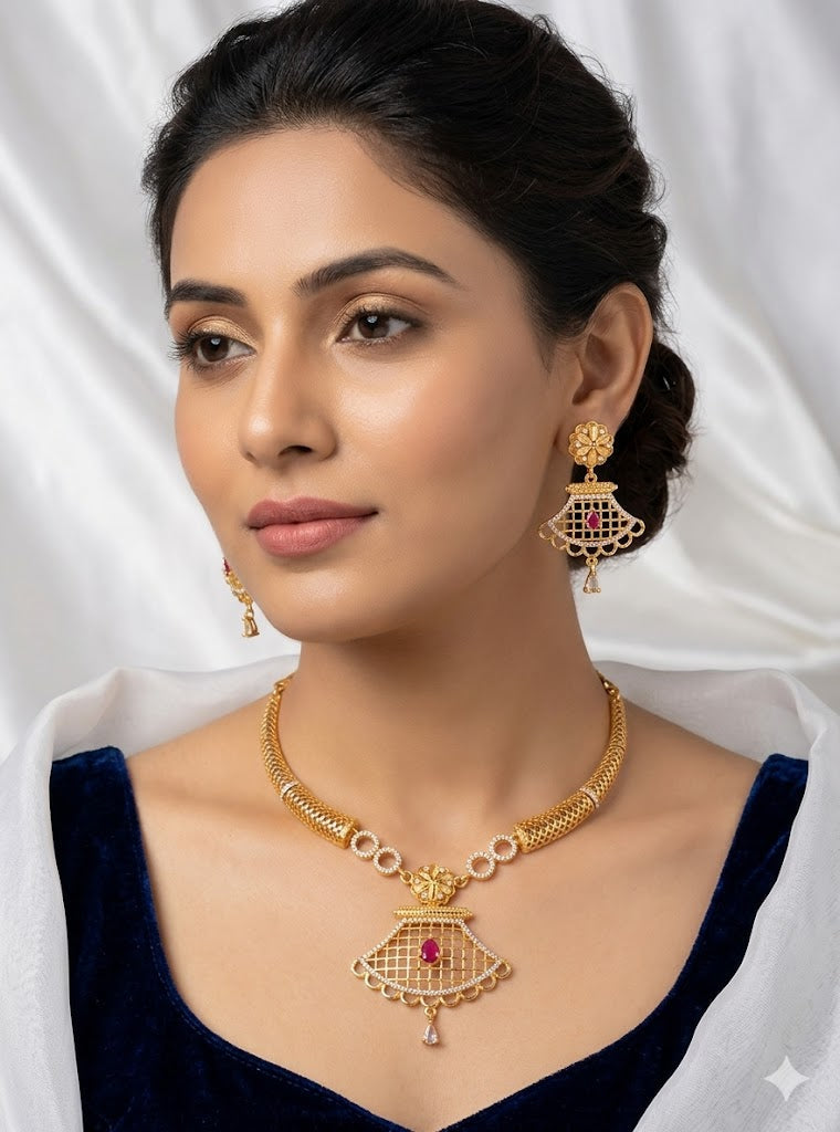 Elegant Gold-Plated Ruby Drop Pendant Necklace Set with Traditional Earrings