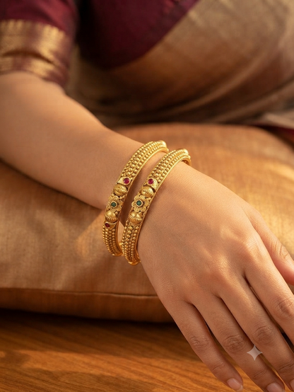 Elegant Traditional Daily Wear Gold floral Bangles with Gemstone Detailing
