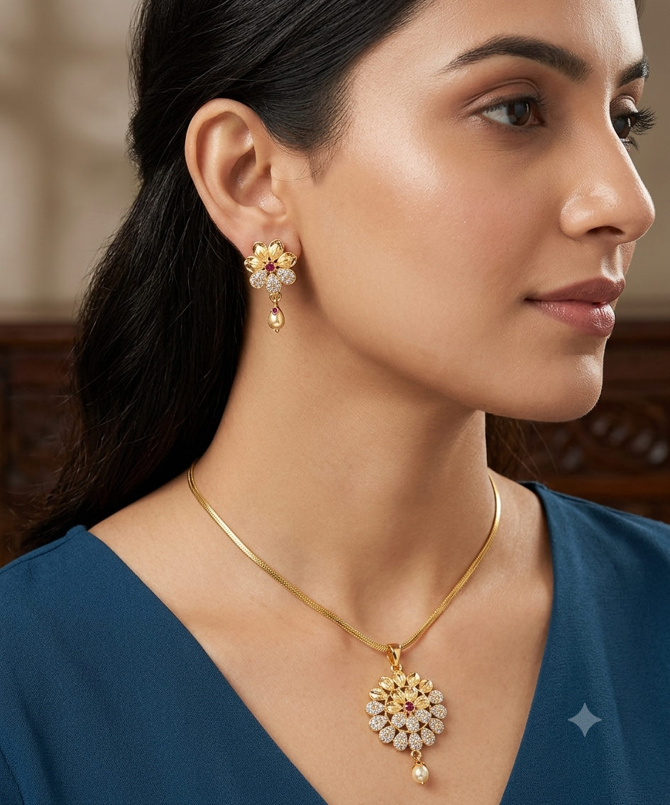Micro Gold Plated Ad Diamond Studded Fancy Flower Pendant Set With Chain