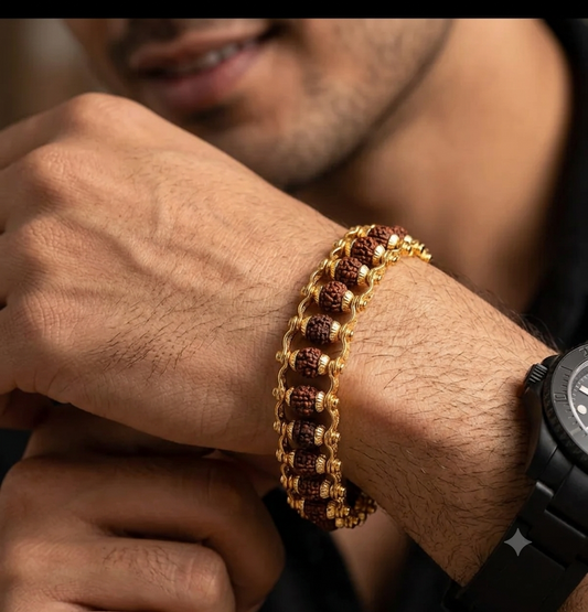 Brass Rudraksha Bracelet For Men 5 Mukhi Rudraksha Beads Embedded In Gold Plated
