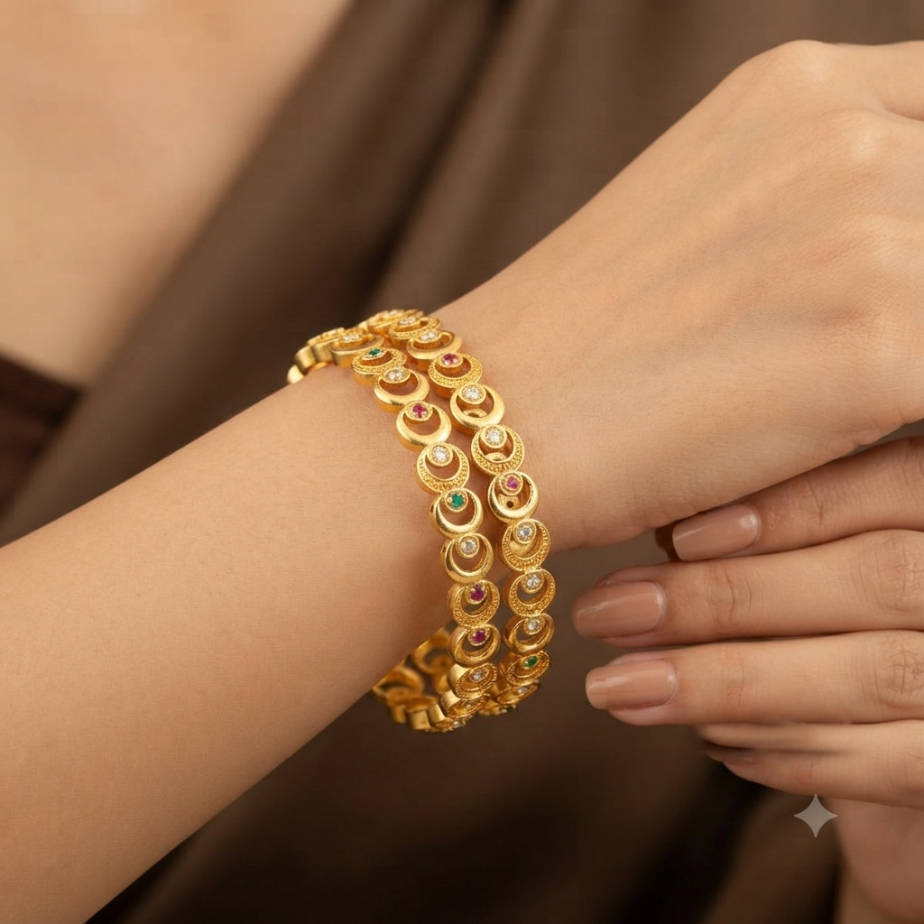 New Designer Micro Gold Plated Ad Diamond Fancy 2 Pcs Moon Bangle For Women