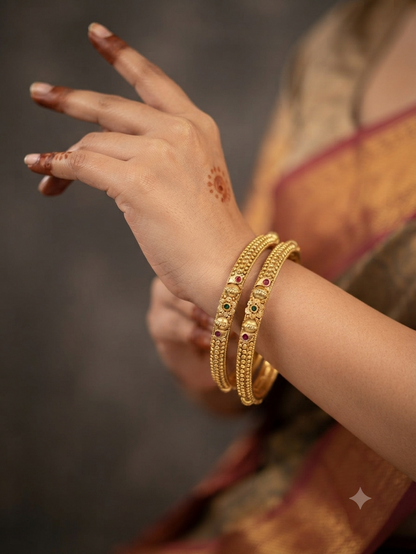 Elegant Traditional Daily Wear Gold floral Bangles with Gemstone Detailing