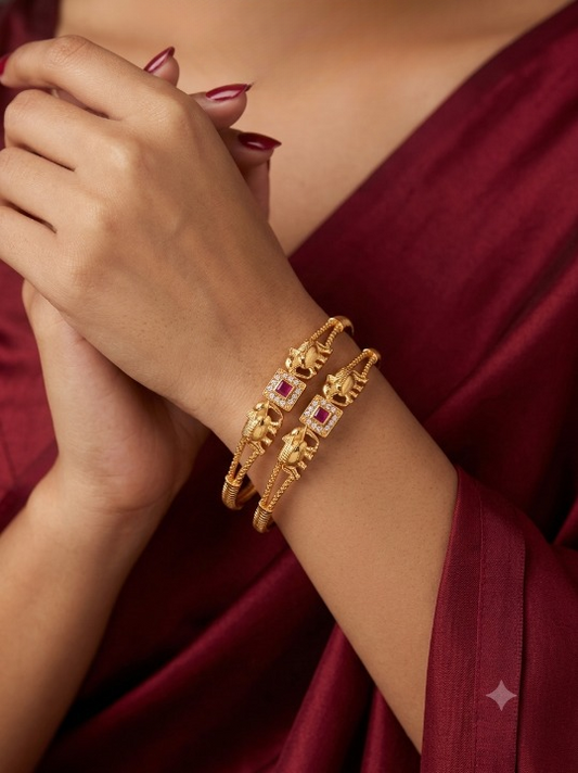 Square Pink Ruby & Ad Diamond Studded Micro Gold Plated Elephant Designer Bangle Set Of 2 Pcs