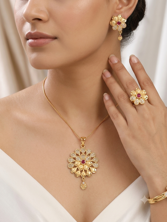 High Gold Plated Ruby Stone Studded Fancy Flower Pendent Set with Ring