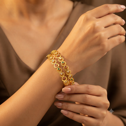 New Designer Micro Gold Plated Ad Diamond Fancy 2 Pcs Moon Bangle For Women