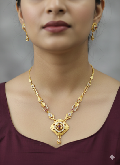 Micro Gold Plated AD Diamond Studded Forming Square Necklace with Earrings for Women