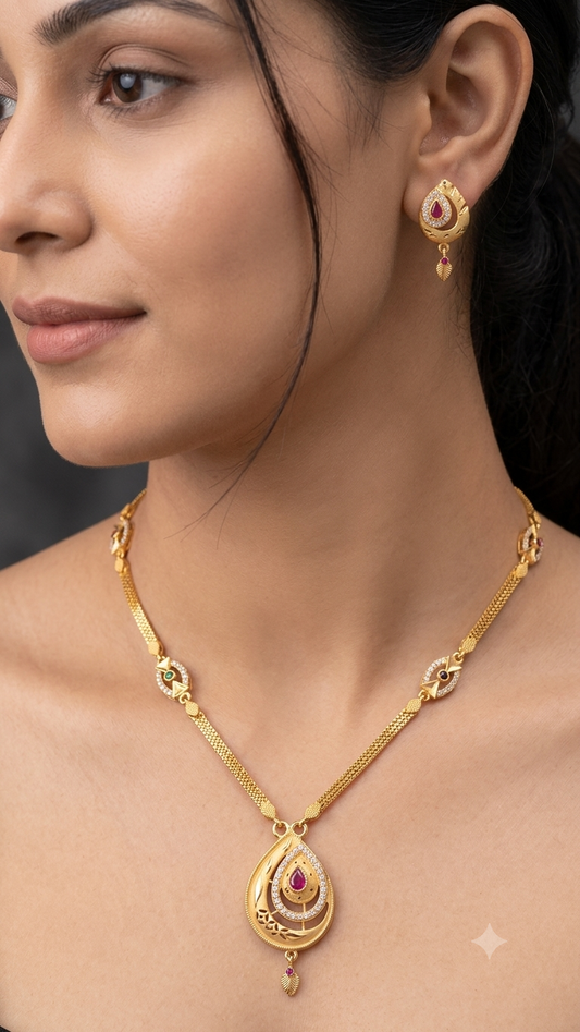 Micro Gold Plated And Diamond Studded Fancy Oval Pendant Set with Chain