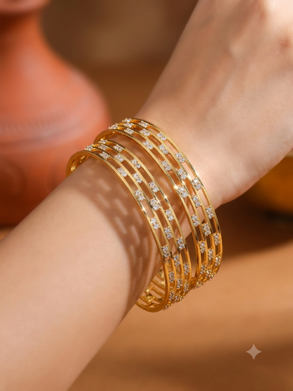 Cz Diamond Studded 3 Line High Gold Plated Bangle Set (2 Pcs)